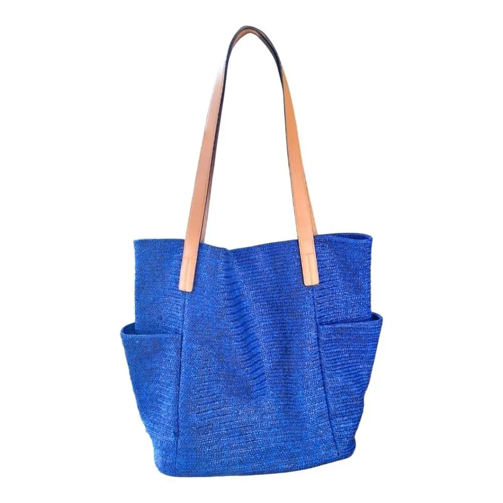 Vera Bradley Large Bag North South Straw Tote Blue Lyst Beach Bag Embroidered - Picture 3 of 15